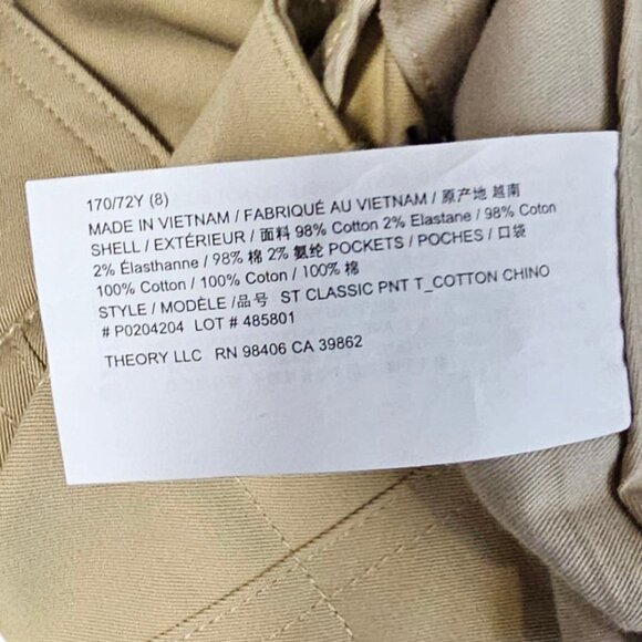 Theory Womens Classic Straight Pant in Cotton Chino, Tan, Wide Leg, Size 8 - Picture 5 of 9